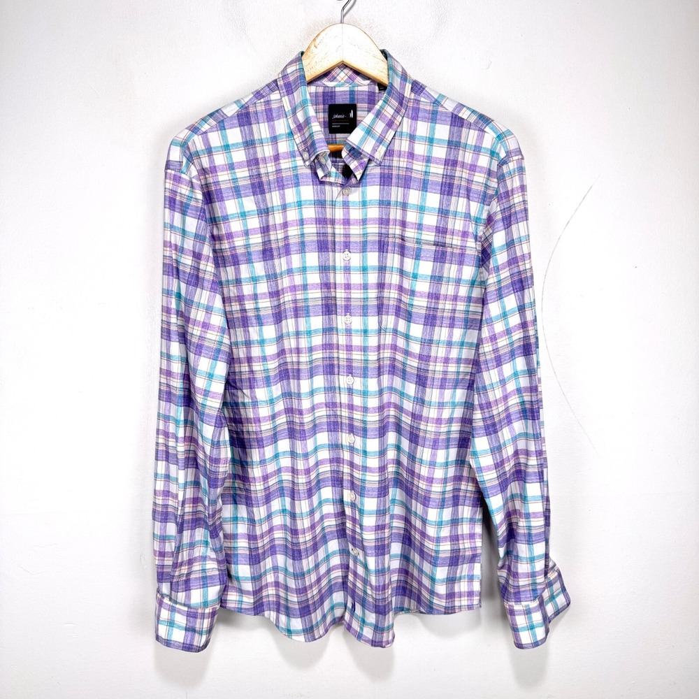 Johnnie-O Dume Performance Button Up Shirt Men Medium Purple White‎ Bamboo Tech